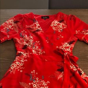 Red floral wrap dress